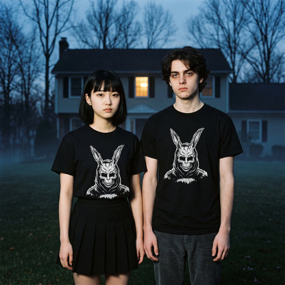 Two models wearing the Donnie Darko black graphic tee
