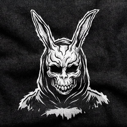 Donnie Darko design printed on a black cotton tee, close-up