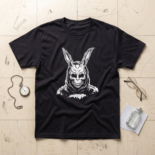 Donnie Darko black graphic tee, styled flat lay