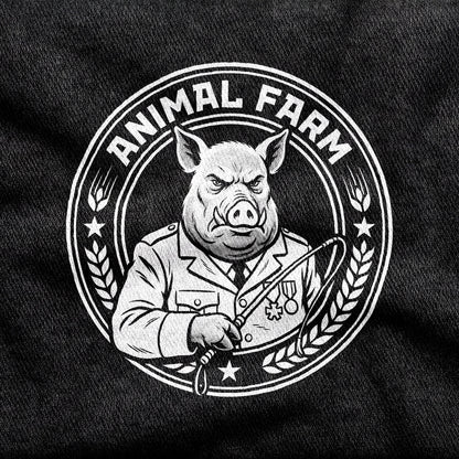 Animal Farm design printed on a black cotton tee, close-up