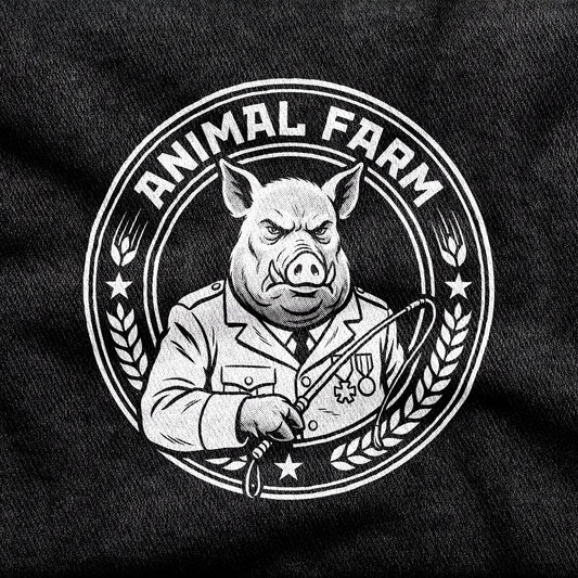Animal Farm design printed on a black cotton tee, close-up