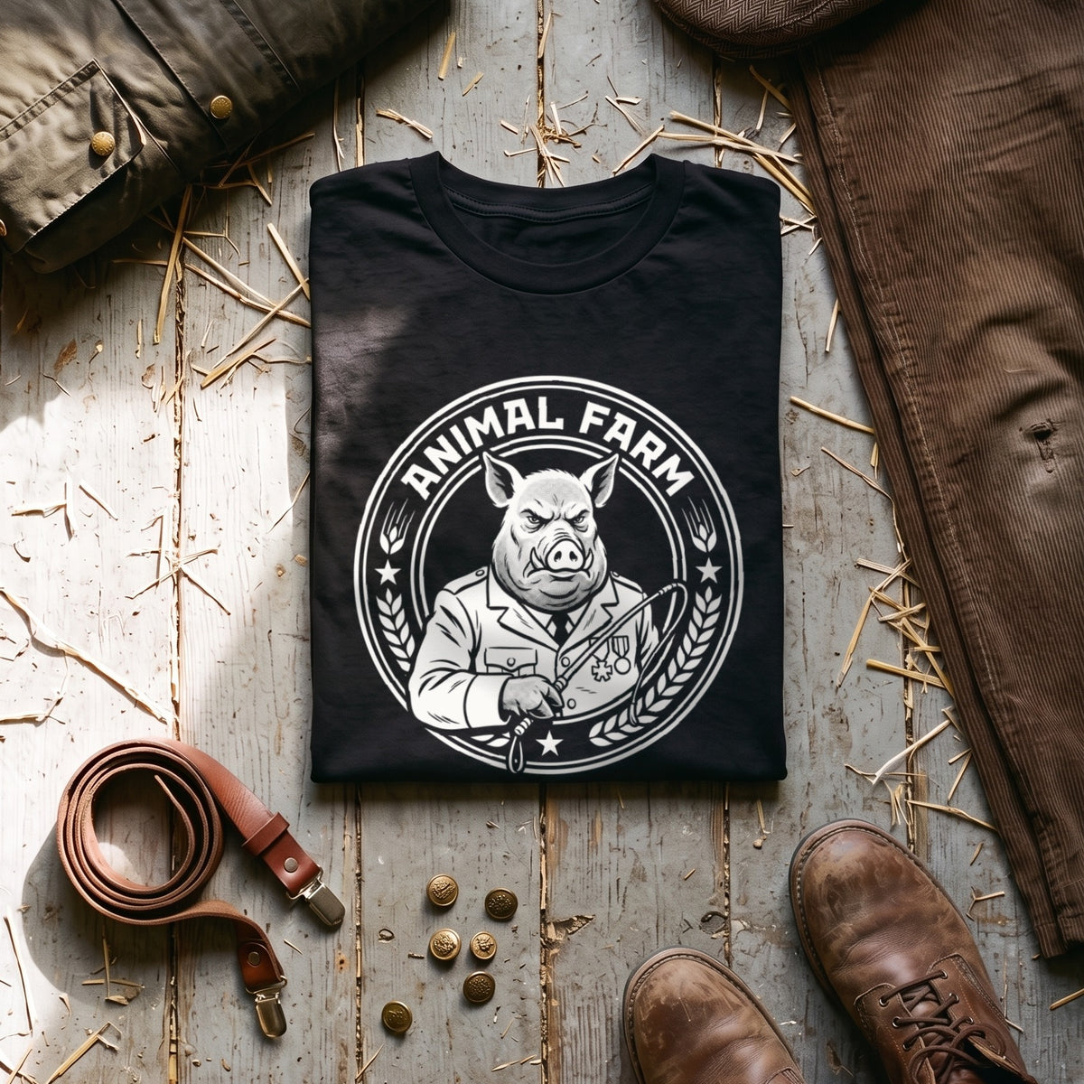 Animal Farm black graphic tee styled in a flat lay with matching pieces