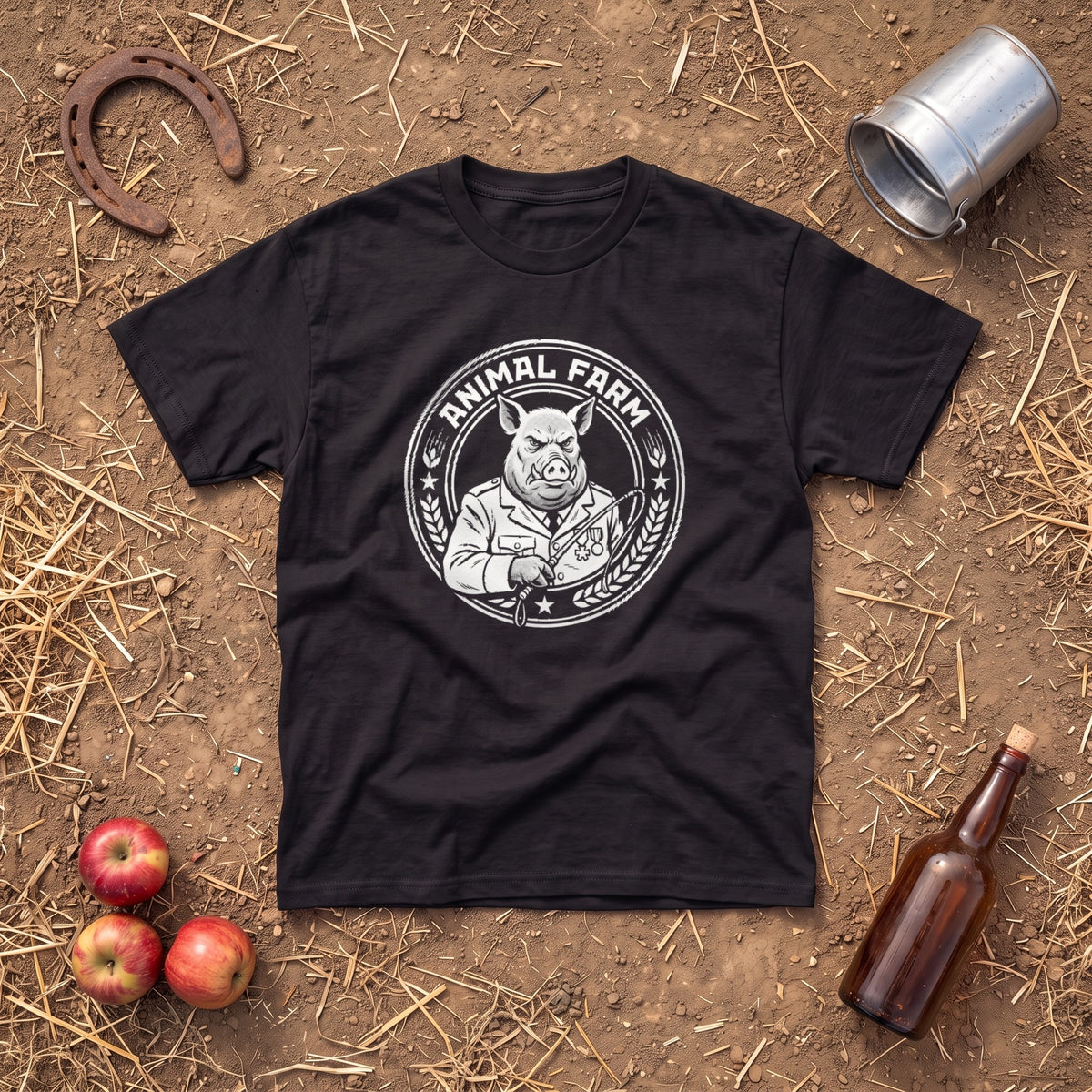 Animal Farm black graphic tee, styled flat lay