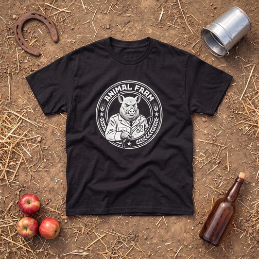 Animal Farm black graphic tee, styled flat lay
