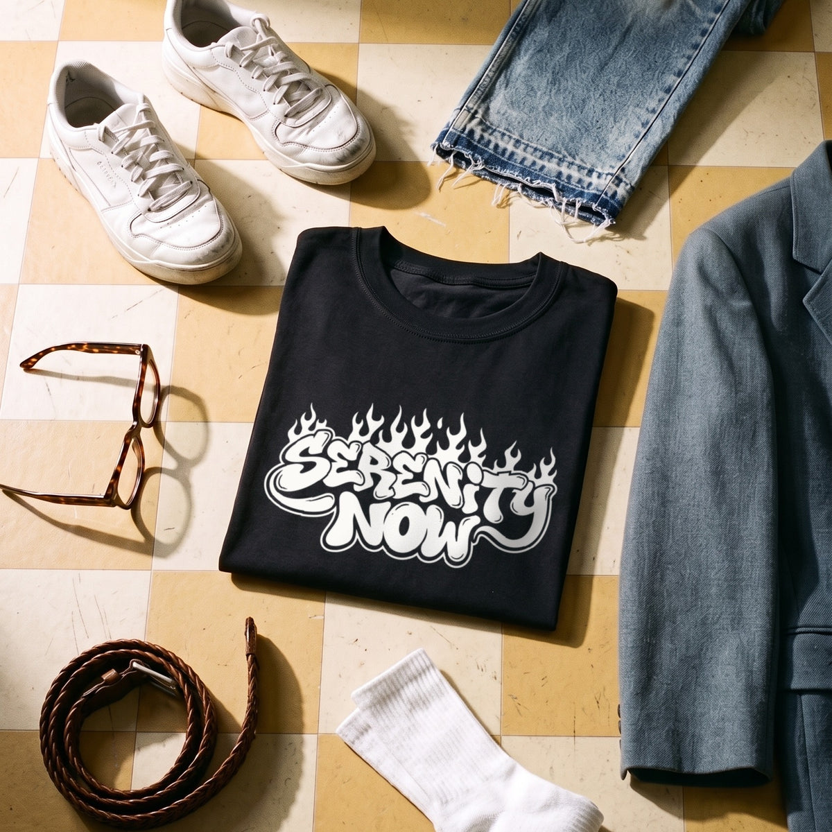 Serenity Now black graphic tee styled in a flat lay with matching pieces