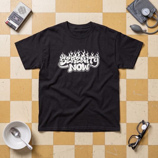 Serenity Now black graphic tee, styled flat lay