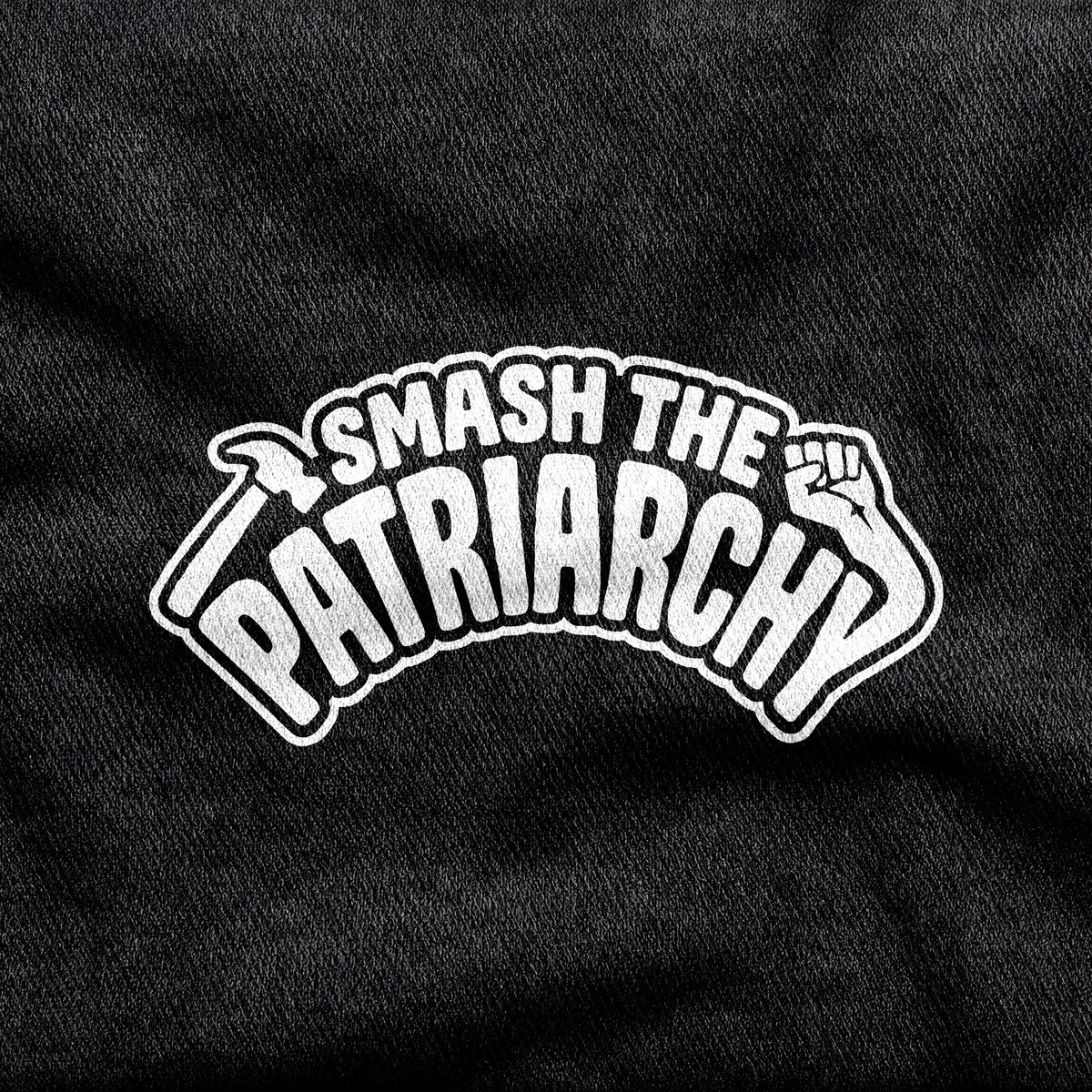 Smash the Patriarchy design printed on a black cotton tee, close-up