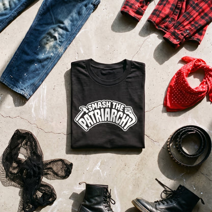 Smash the Patriarchy black graphic tee styled in a flat lay with matching pieces
