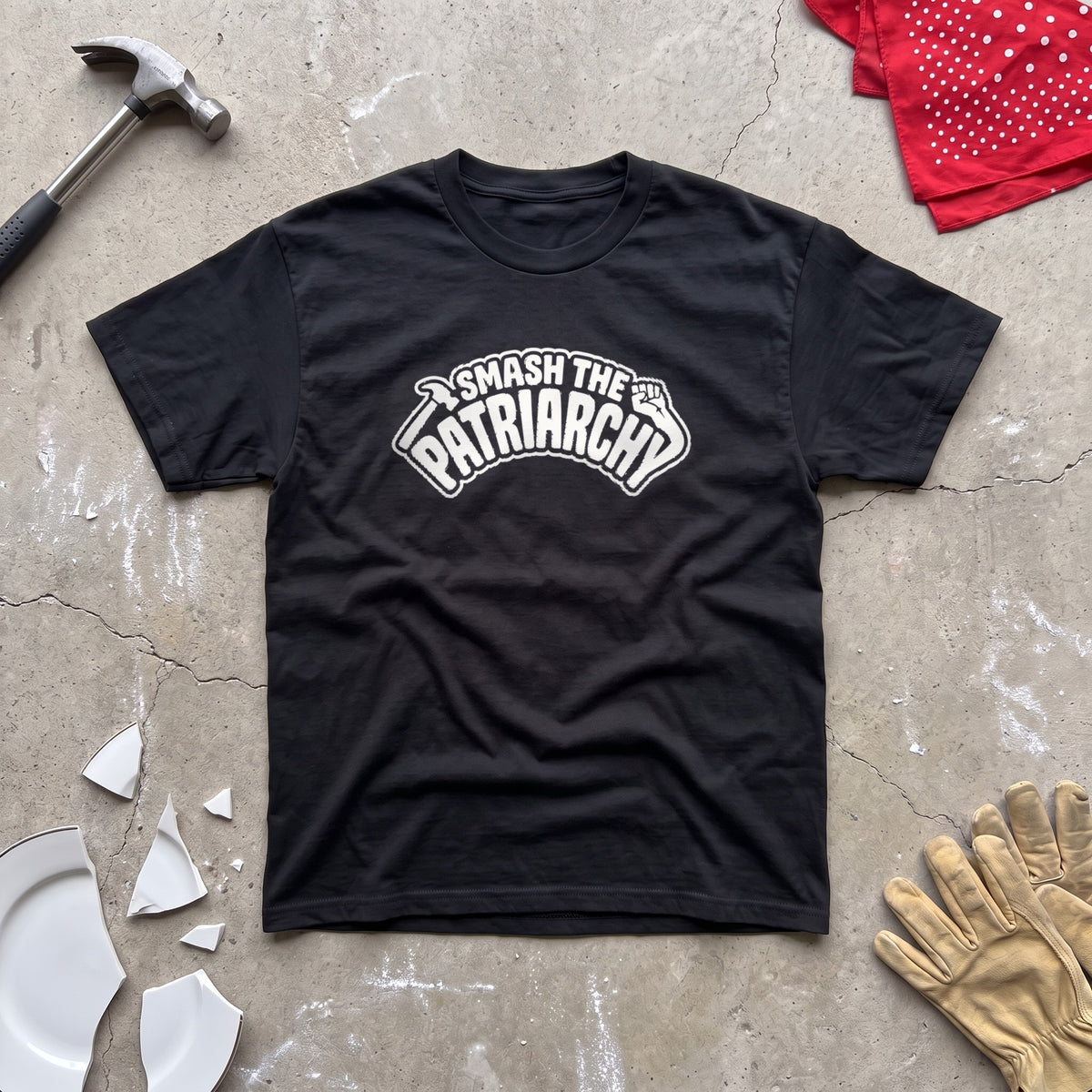 Smash the Patriarchy black graphic tee, styled flat lay