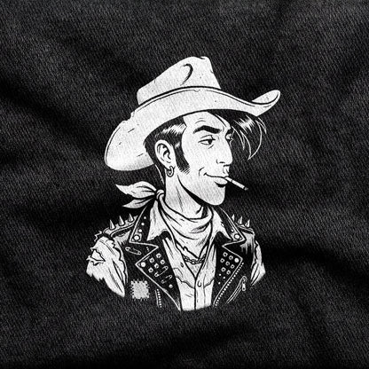 Punky Luke design printed on a black cotton tee, close-up