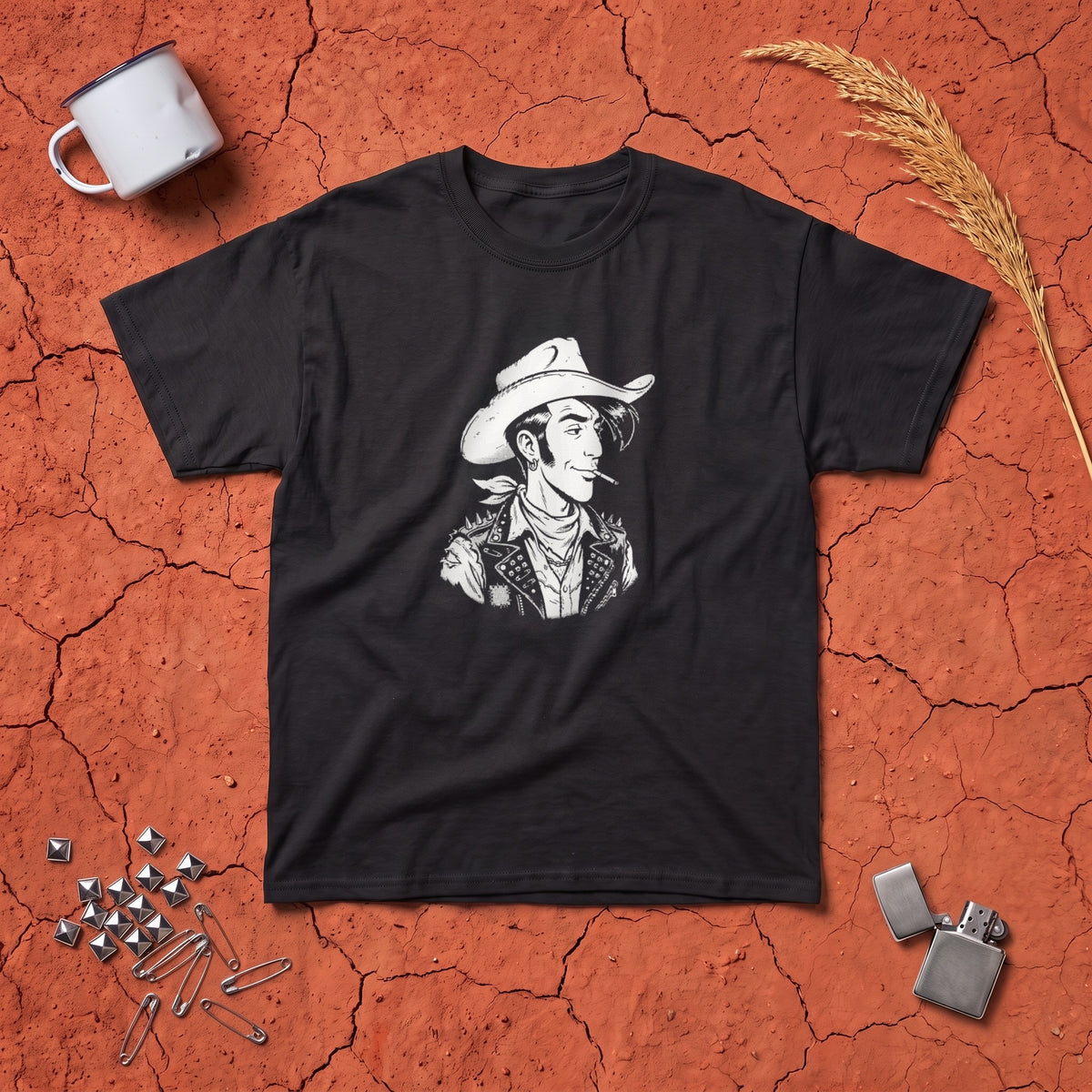 Punky Luke black graphic tee, styled flat lay