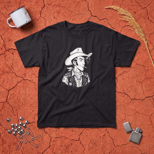 Punky Luke black graphic tee, styled flat lay