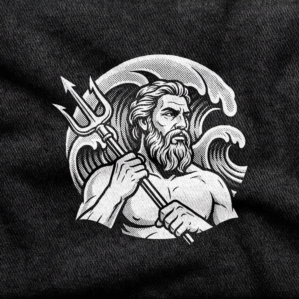 Poseidon design printed on a black cotton tee, close-up