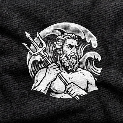 Poseidon design printed on a black cotton tee, close-up