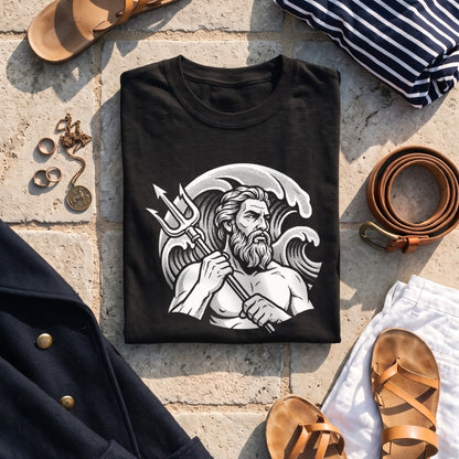 Poseidon black graphic tee styled in a flat lay with matching pieces