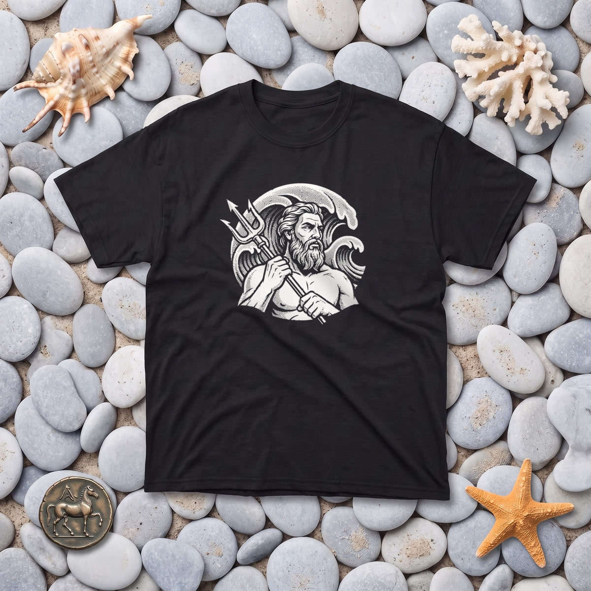 Poseidon black graphic tee, styled flat lay