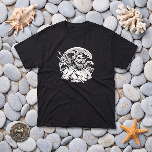 Poseidon black graphic tee, styled flat lay