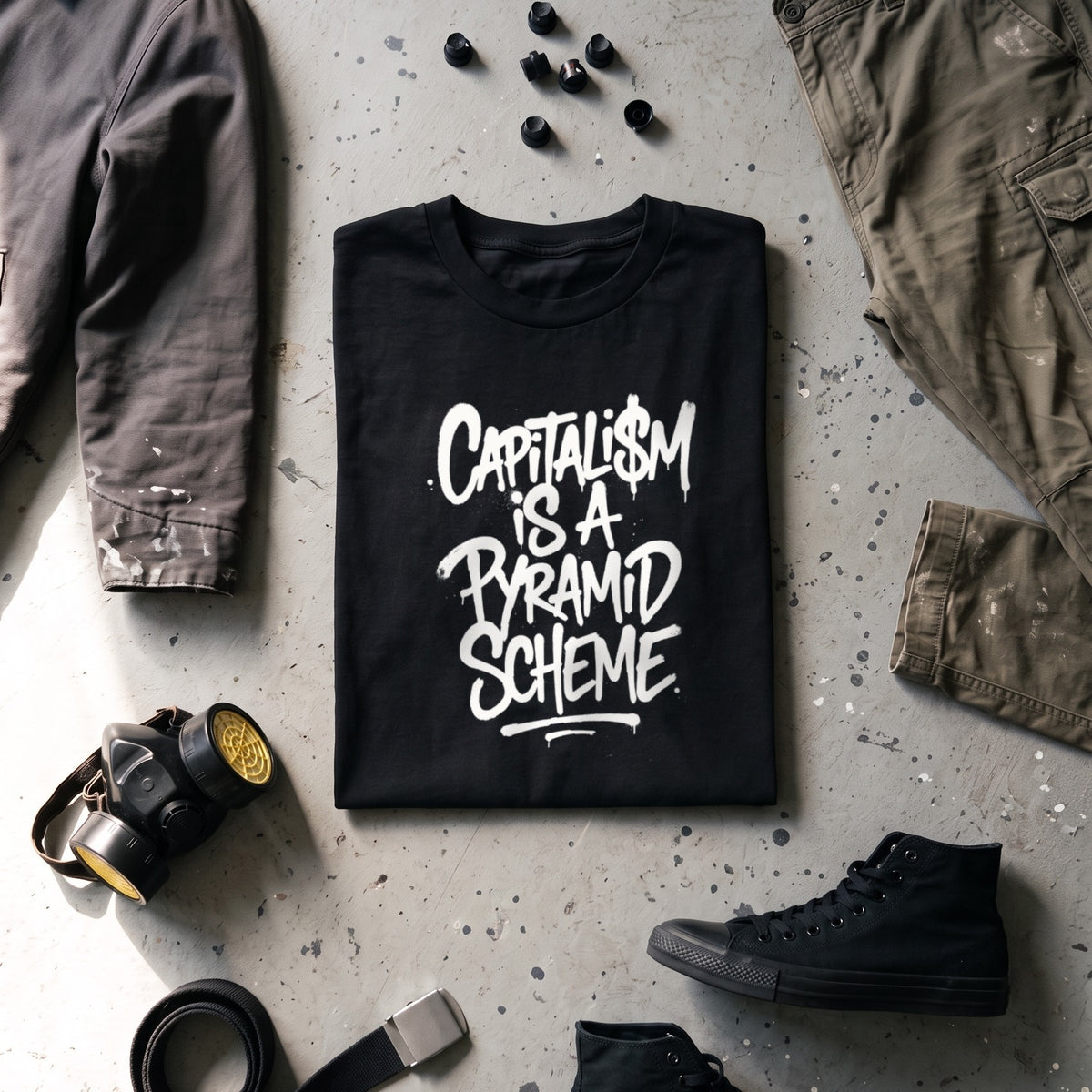 Capitalism is a Pyramid Scheme black graphic tee styled in a flat lay with matching pieces