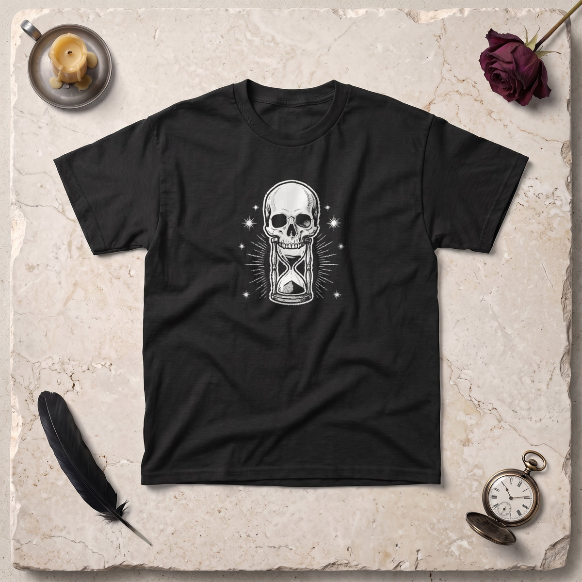Memento Mori black graphic tee, styled flat lay