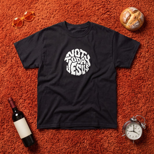 Not Today Jesus black graphic tee, styled flat lay