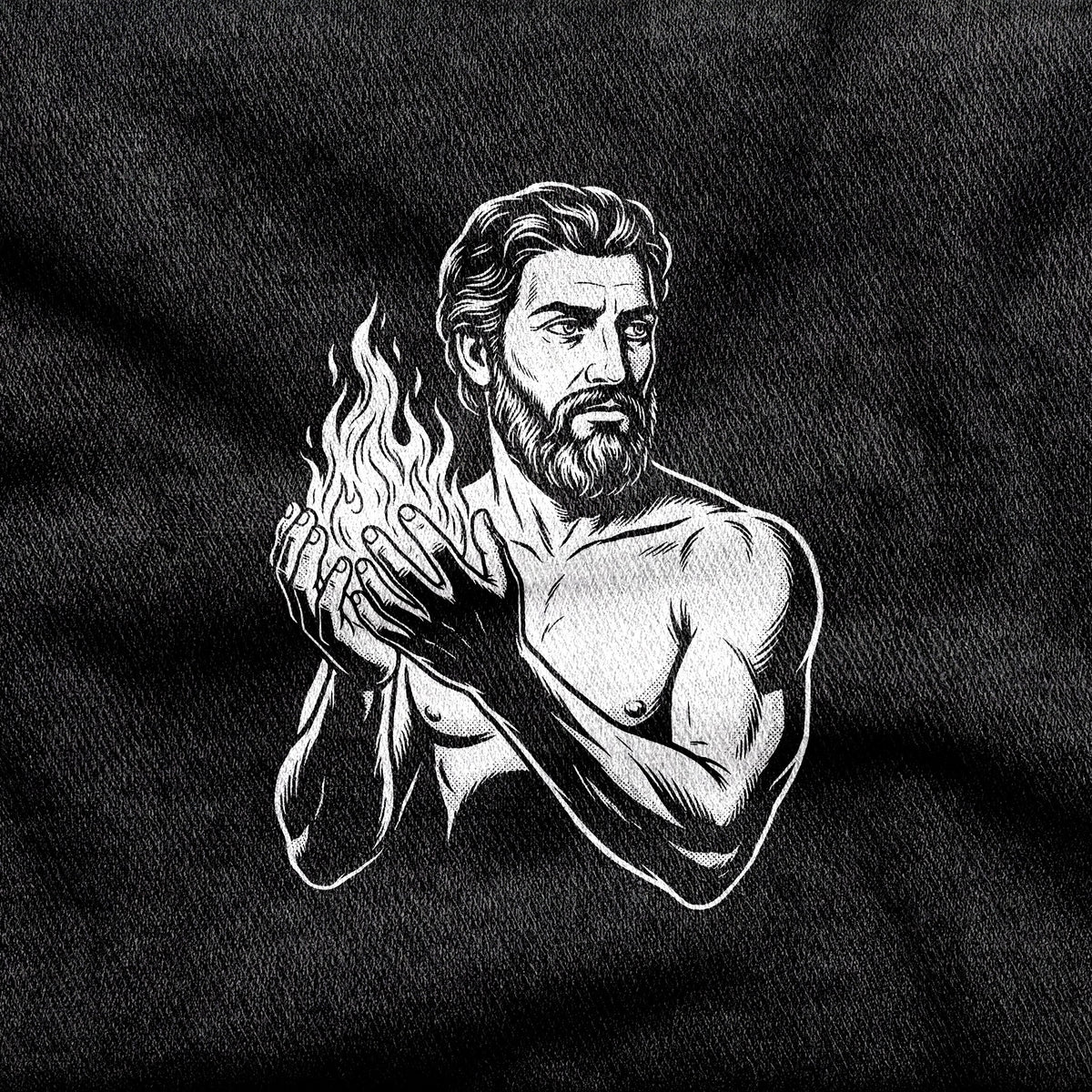 Prometheus design printed on a black cotton tee, close-up