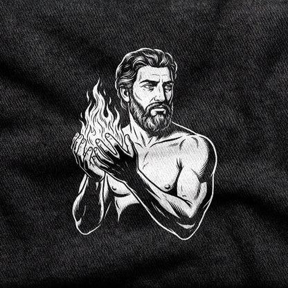 Prometheus design printed on a black cotton tee, close-up