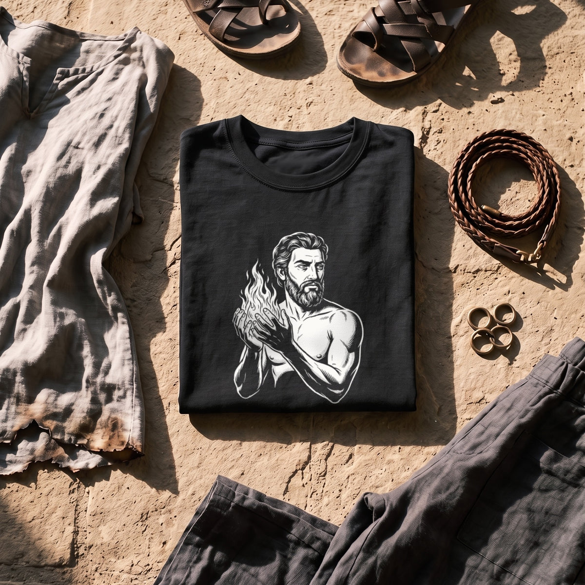 Prometheus black graphic tee styled in a flat lay with matching pieces