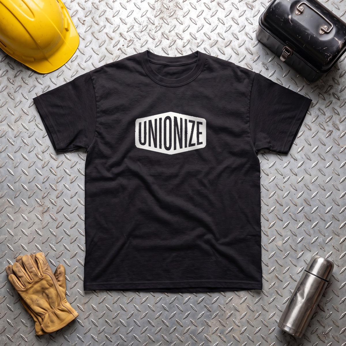 Unionize black graphic tee, styled flat lay