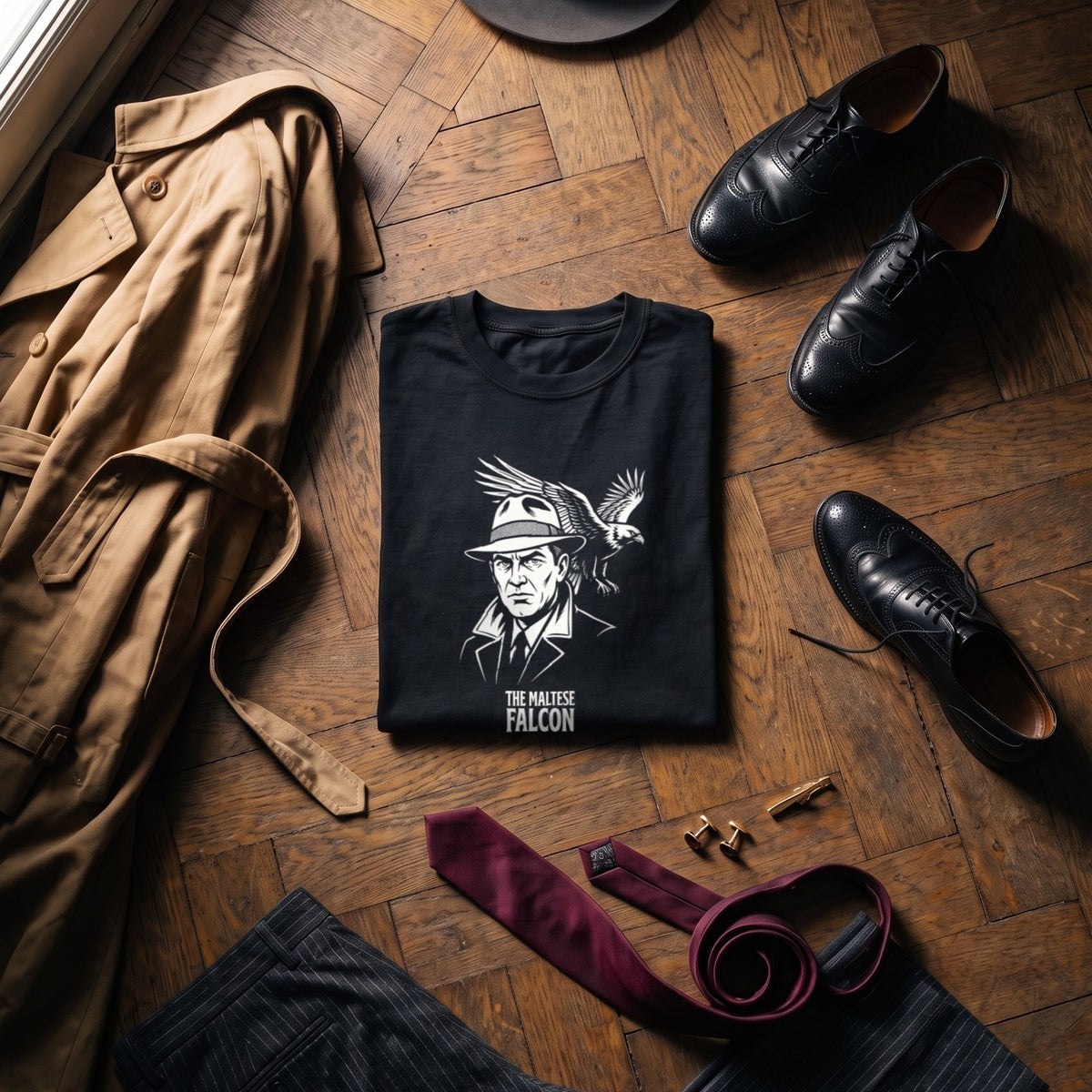 The Maltese Falcon black graphic tee styled in a flat lay with matching pieces