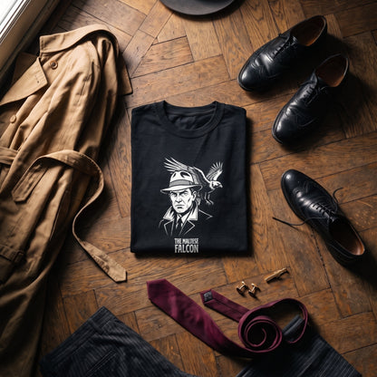 The Maltese Falcon black graphic tee styled in a flat lay with matching pieces