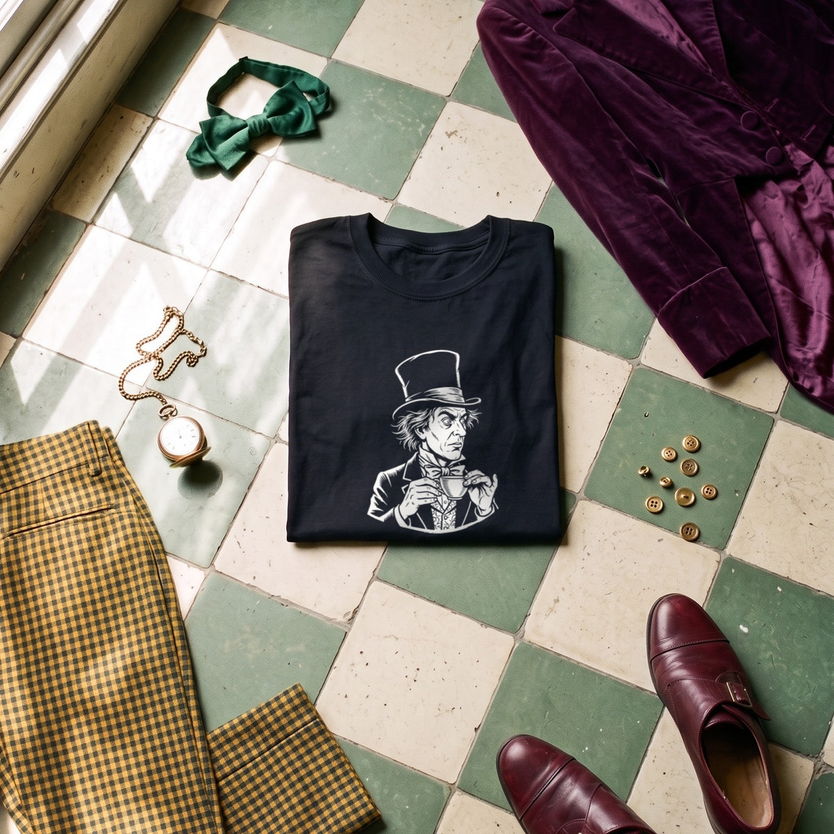 The Mad Hatter black graphic tee styled in a flat lay with matching pieces