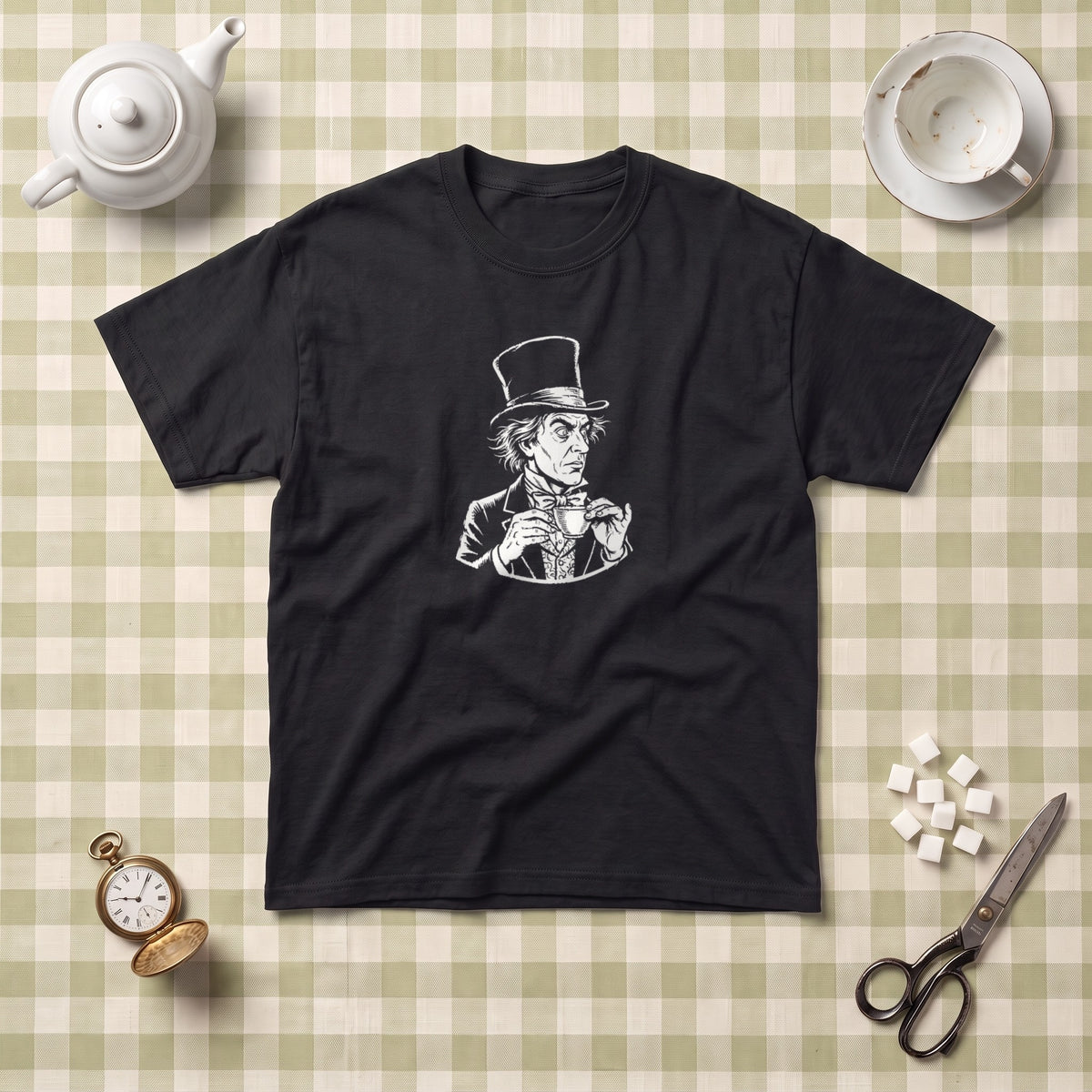 The Mad Hatter black graphic tee, styled flat lay