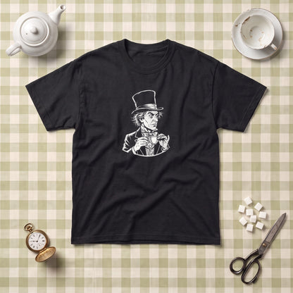 The Mad Hatter black graphic tee, styled flat lay
