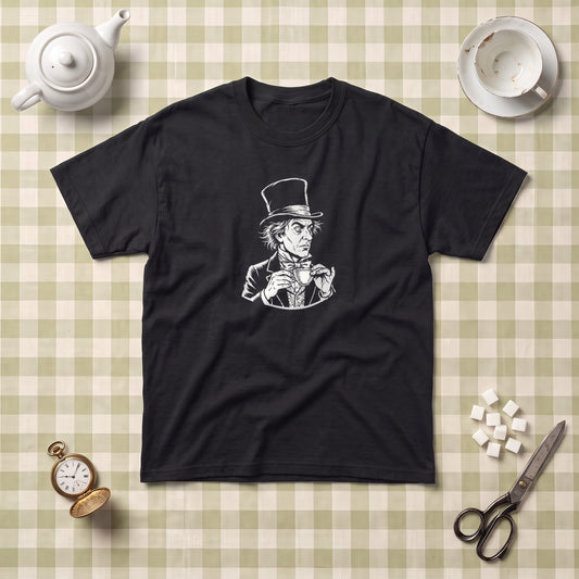 The Mad Hatter black graphic tee, styled flat lay