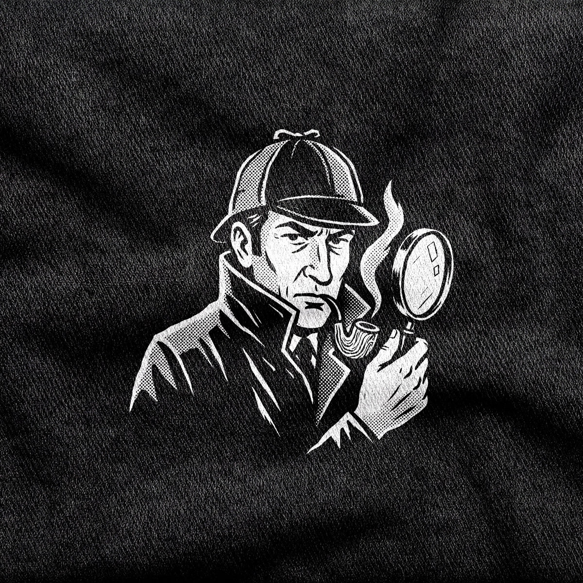 Sherlock Holmes design printed on a black cotton tee, close-up