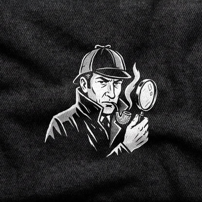 Sherlock Holmes design printed on a black cotton tee, close-up