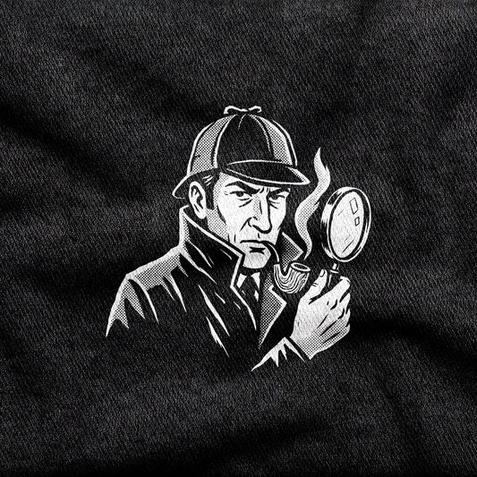 Sherlock Holmes design printed on a black cotton tee, close-up