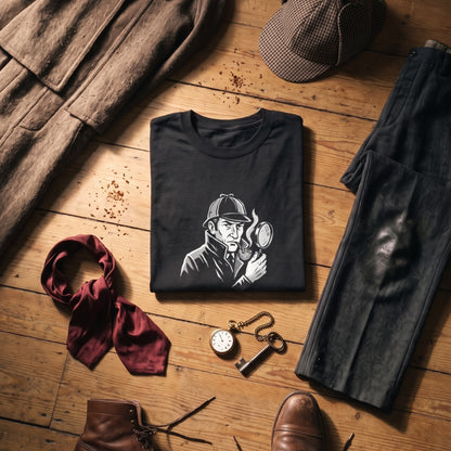 Sherlock Holmes black graphic tee styled in a flat lay with matching pieces