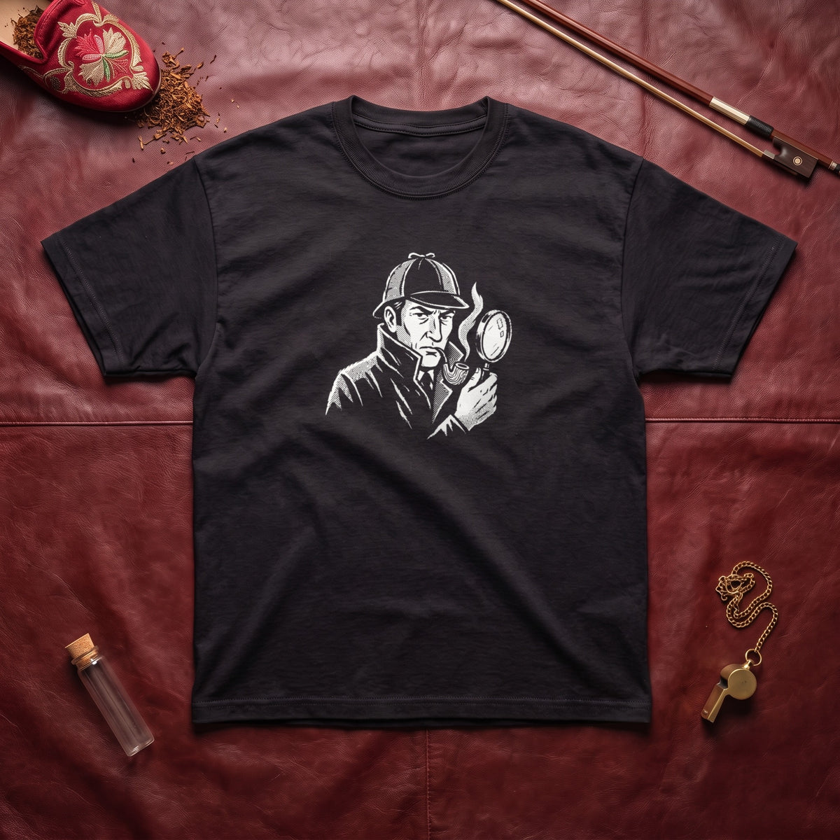Sherlock Holmes black graphic tee, styled flat lay
