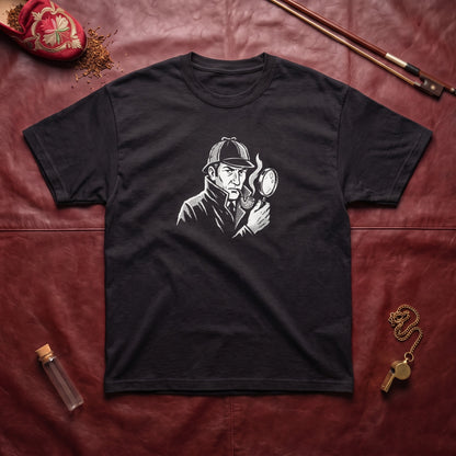 Sherlock Holmes black graphic tee, styled flat lay