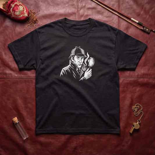 Sherlock Holmes black graphic tee, styled flat lay