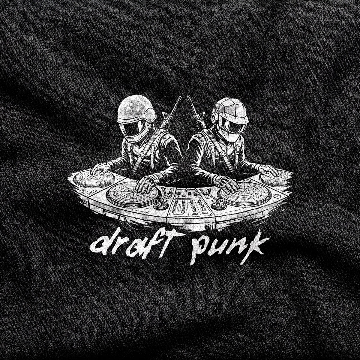 Draft Punk design printed on a black cotton tee, close-up