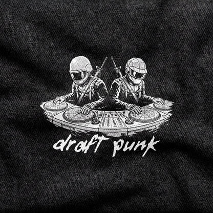 Draft Punk design printed on a black cotton tee, close-up