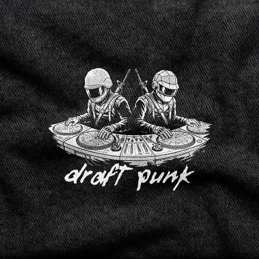 Draft Punk design printed on a black cotton tee, close-up