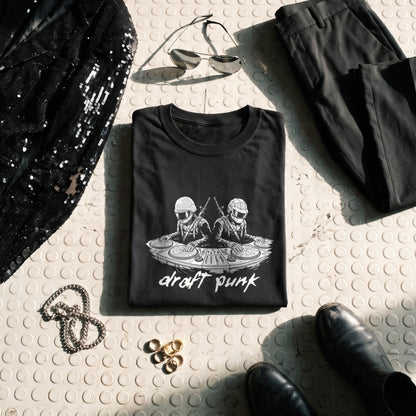 Draft Punk black graphic tee styled in a flat lay with matching pieces