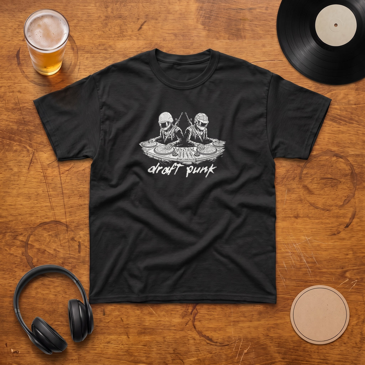Draft Punk black graphic tee, styled flat lay