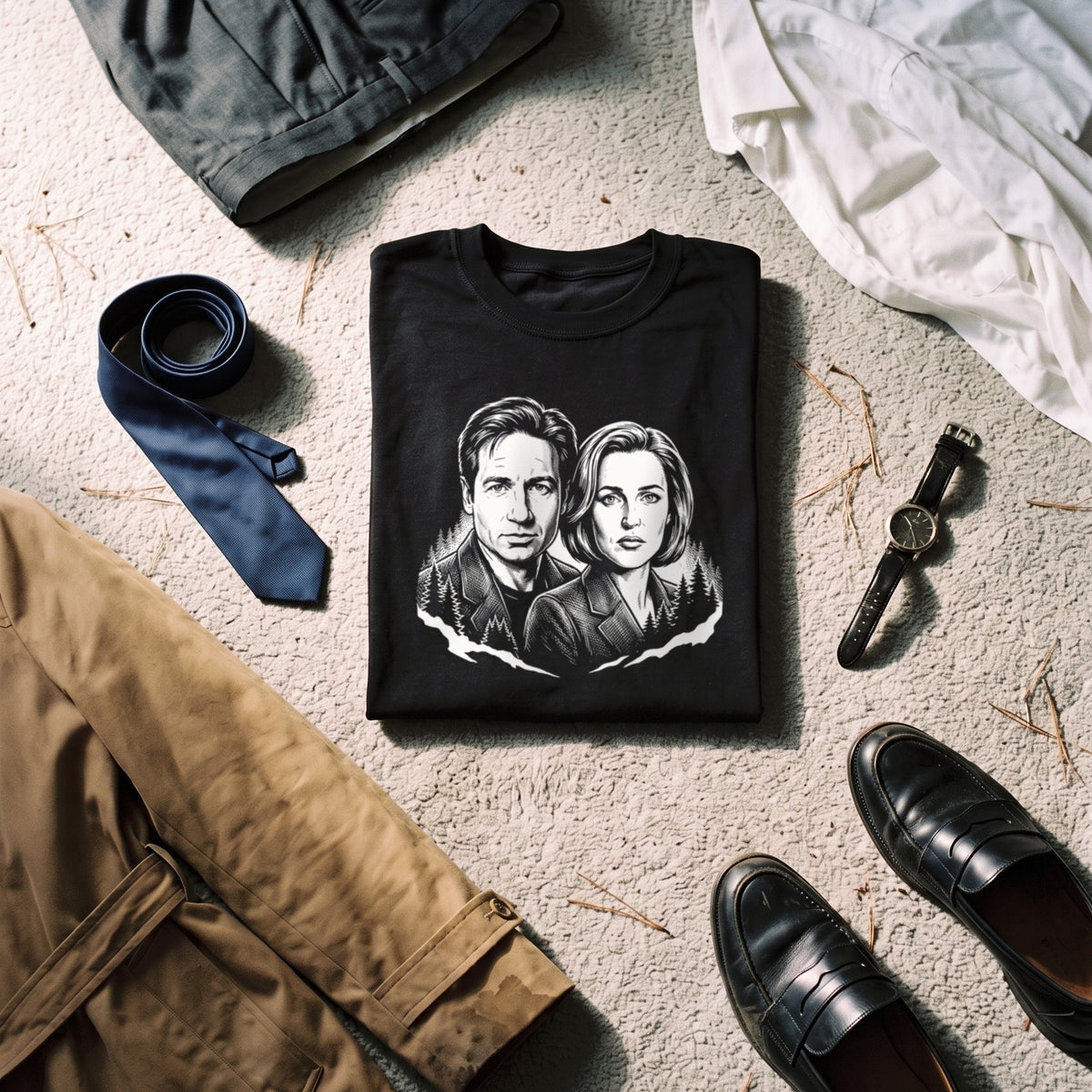 Mulder and Scully black graphic tee styled in a flat lay with matching pieces