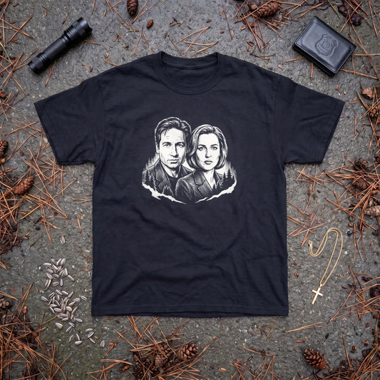 Mulder and Scully black graphic tee, styled flat lay