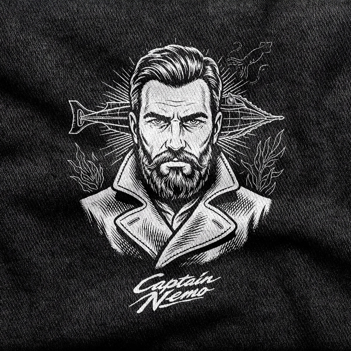 Captain Nemo design printed on a black cotton tee, close-up
