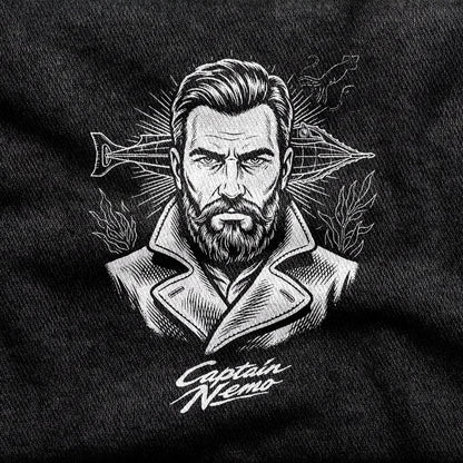 Captain Nemo design printed on a black cotton tee, close-up